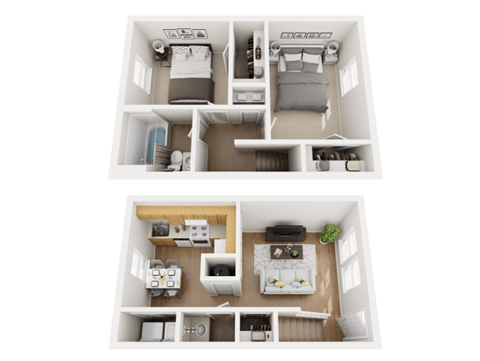 a stylized 3d floor plan of a house with bedrooms and a living room